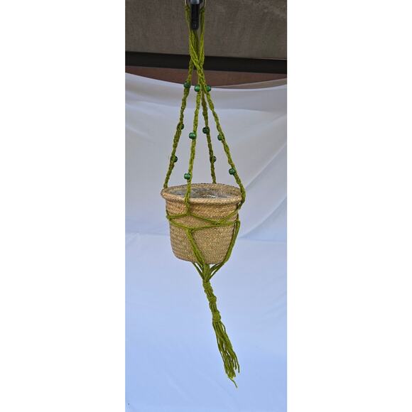 Vintage Yarn Macrame Green Beads Pot Plant Holder Hanger 38" for 10" to 12" Pots - Picture 1 of 8